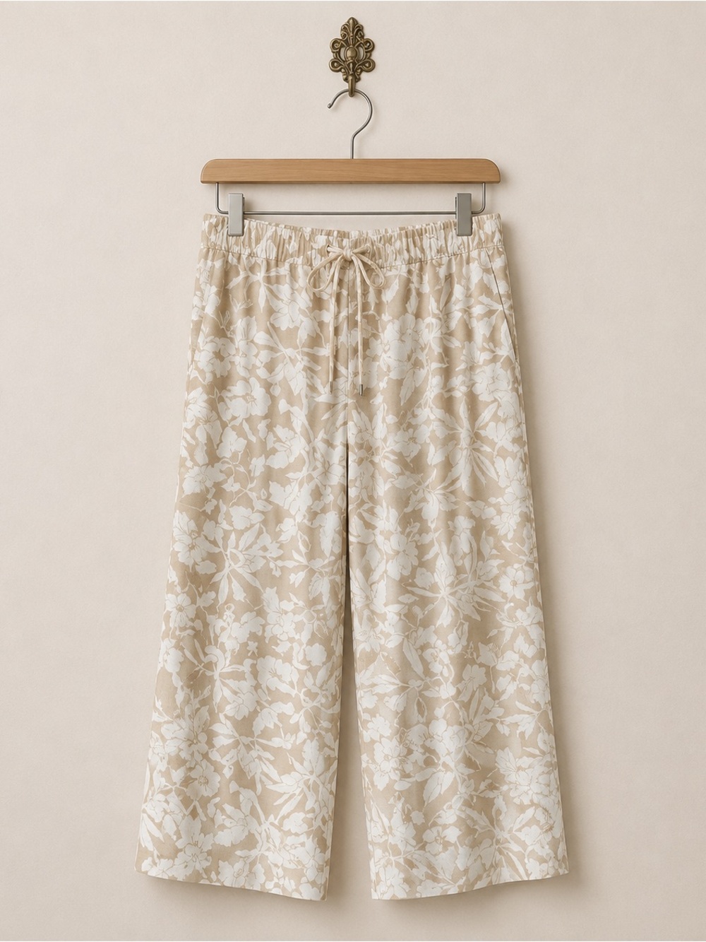 NEW Jones New York Tan and White Floral Tropical Bohemian Wide Leg Pants XL